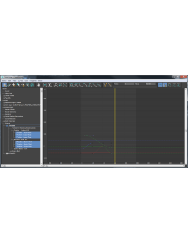 Track View de 3ds Max en modo Curve Editor con curvas de posición y rotación de una caja animada