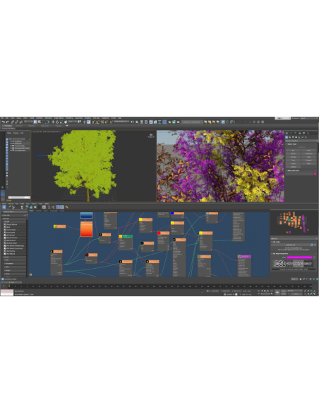 Ventana de 3ds Max con un árbol en el visor y el Slate Material Editor con nodos de material y OSL