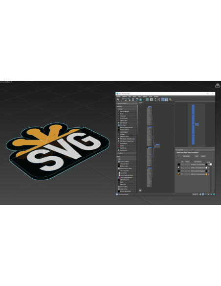 3ds Max con un logotipo SVG extruido en el visor y el Slate Material Editor con materiales de varios IDs