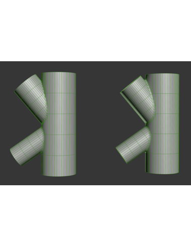 Dos uniones de tubos en 3ds Max con malla visible: bisel corriente a la izquierda y Smart Bevel a la derecha