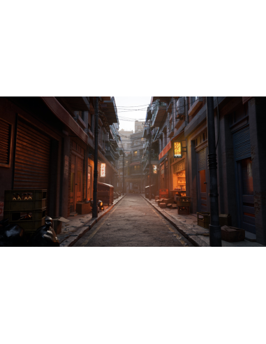 Render de un callejón urbano al atardecer con carteles luminosos, imagen de las novedades de 3ds Max 2027