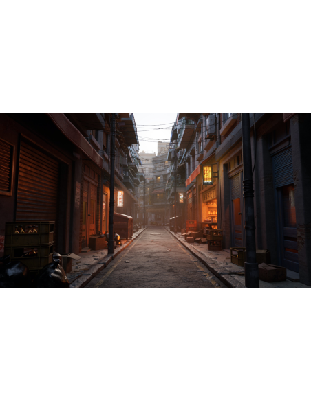 Render de un callejón urbano al atardecer con carteles luminosos, imagen de las novedades de 3ds Max 2027