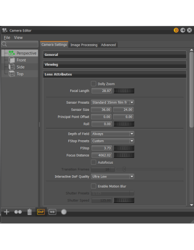 Camera Editor de VRED con atributos de lente: distancia focal, profundidad de campo, apertura y desenfoque