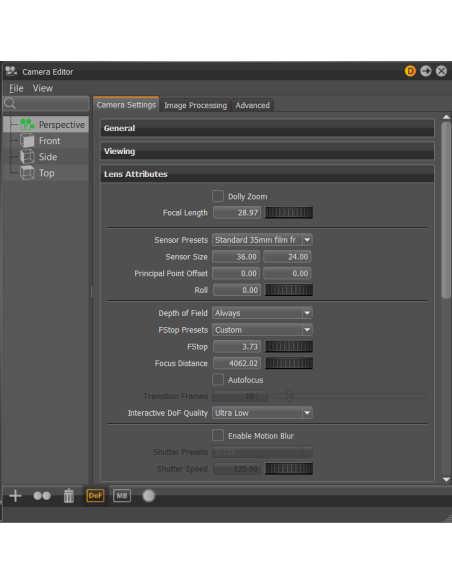Camera Editor de VRED con atributos de lente: distancia focal, profundidad de campo, apertura y desenfoque