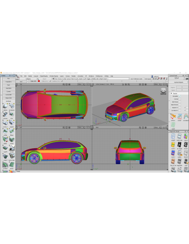 Alias AutoStudio 2021: paleta de herramientas, cuatro vistas de un coche con superficies y panel de control