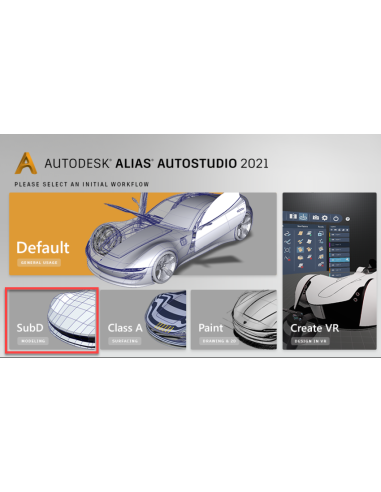 Pantalla de inicio de Alias AutoStudio 2021 con flujos de trabajo Default, SubD, Class A, Paint y Create VR