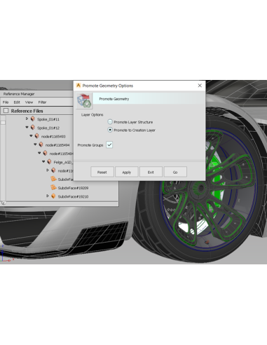 Cuadro Promote Geometry Options de Alias junto al Reference Manager y una llanta modelada