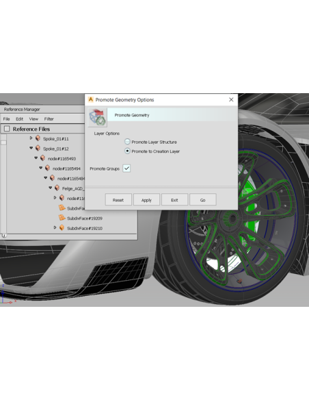 Cuadro Promote Geometry Options de Alias junto al Reference Manager y una llanta modelada