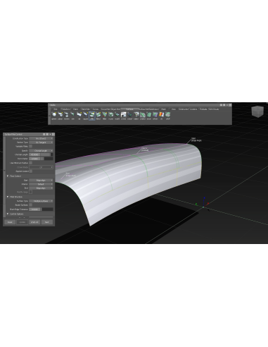 Alias con la paleta de superficies, el cuadro Surface Fillet Control y un filete con control de flujo