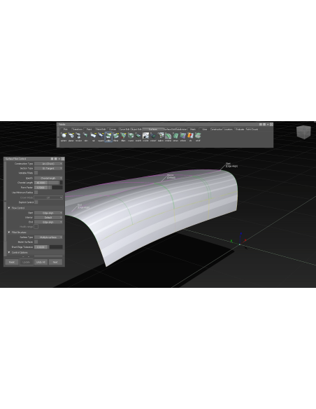 Alias con la paleta de superficies, el cuadro Surface Fillet Control y un filete con control de flujo