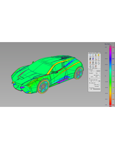 Alias con el panel Diagnostic Shade y la escala de curvatura máxima sobre un coche deportivo
