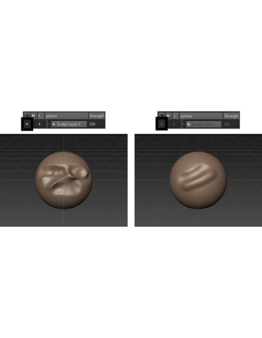 Dos estados de una esfera esculpida en Mudbox con la capa de escultura Sculpt Layer 1 activada y desactivada