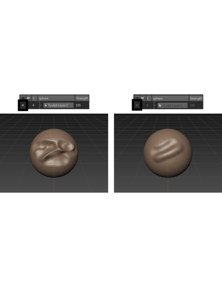 Dos estados de una esfera esculpida en Mudbox con la capa de escultura Sculpt Layer 1 activada y desactivada