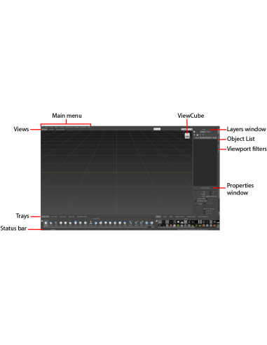 Interfaz de Mudbox rotulada: menú, vistas, ViewCube, ventana de capas, propiedades y bandejas de herramientas
