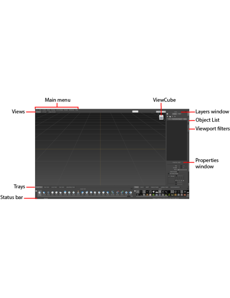 Interfaz de Mudbox rotulada: menú, vistas, ViewCube, ventana de capas, propiedades y bandejas de herramientas