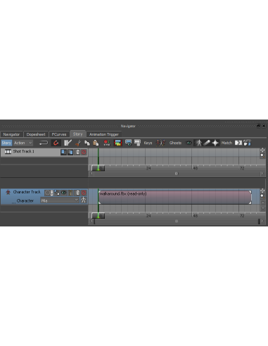 Ventana Story de MotionBuilder con una pista de personaje con un clip de caminata y su línea de tiempo
