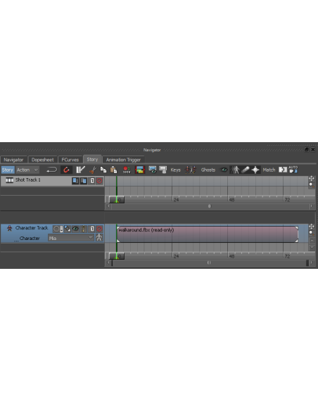 Ventana Story de MotionBuilder con una pista de personaje con un clip de caminata y su línea de tiempo