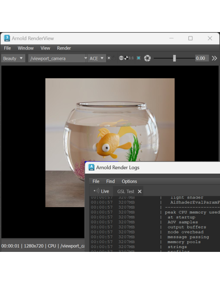 Ventana Arnold RenderView con un render de una pecera y la ventana Arnold Render Logs con uso de memoria