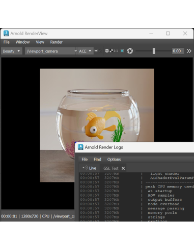 Ventana Arnold RenderView con un render de una pecera y la ventana Arnold Render Logs con uso de memoria