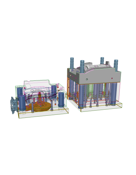 Molde de inyección modelado en PowerSHAPE: las dos mitades del molde con columnas, expulsores y la pieza