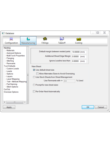 Cuadro Database de Fabrication CAMduct con opciones de anidado: márgenes, hoja nueva y remanentes