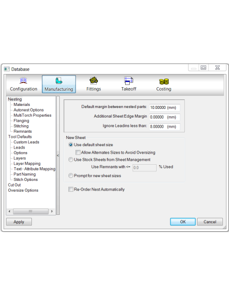 Cuadro Database de Fabrication CAMduct con opciones de anidado: márgenes, hoja nueva y remanentes
