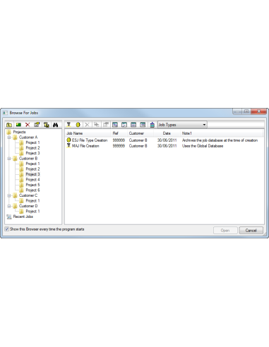 Cuadro Browse For Jobs de Autodesk Fabrication con árbol de clientes y proyectos y lista de trabajos