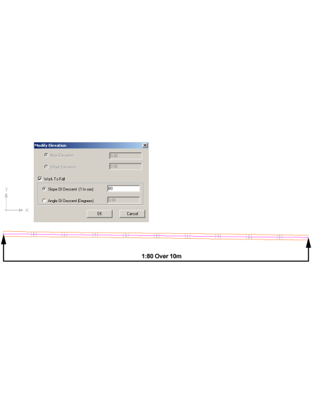 Fabrication CADmep 2023: Cuadro Modify Elevation de CADmep con pendiente de 1 en 80 aplicada a un tramo de conducto en el dib