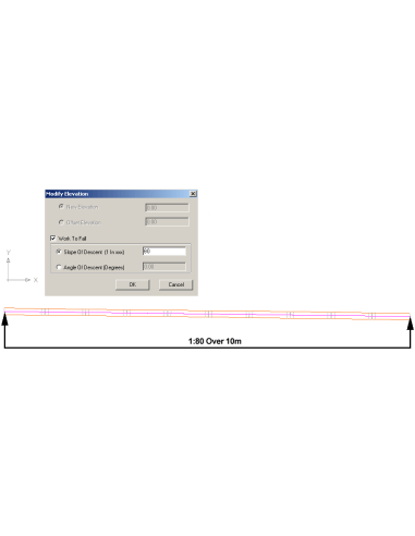 Fabrication CADmep 2024: Cuadro Modify Elevation de CADmep con pendiente de 1 en 80 aplicada a un tramo de conducto en el dib