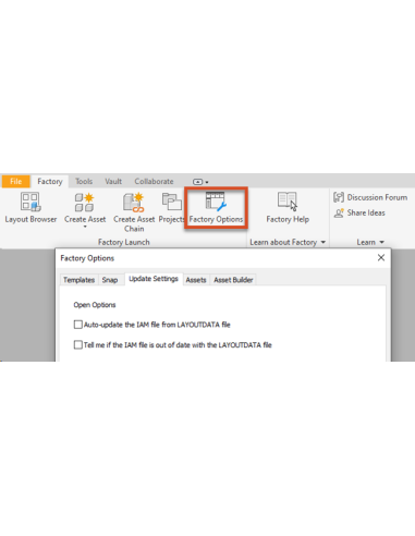 Cinta Factory de Inventor con el botón Factory Options y su cuadro con la pestaña Update Settings