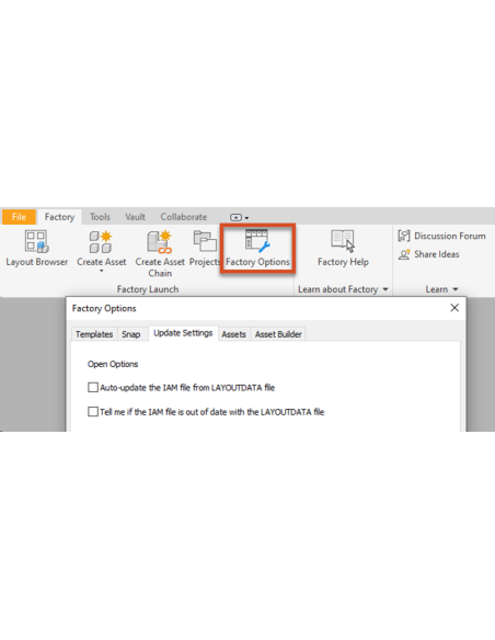 Cinta Factory de Inventor con el botón Factory Options y su cuadro con la pestaña Update Settings