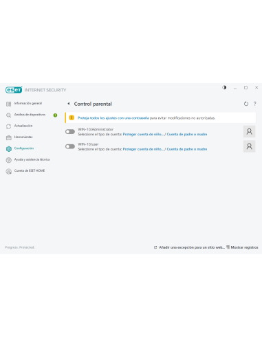 ESET: pantalla de Control parental para proteger cuentas de niños en Windows