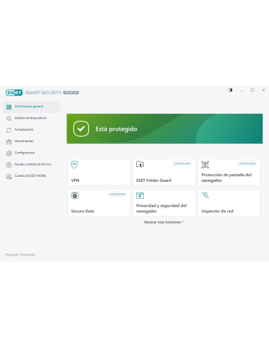 ESET Smart Security Premium: panel con VPN, Folder Guard, Secure Data e Inspector de red