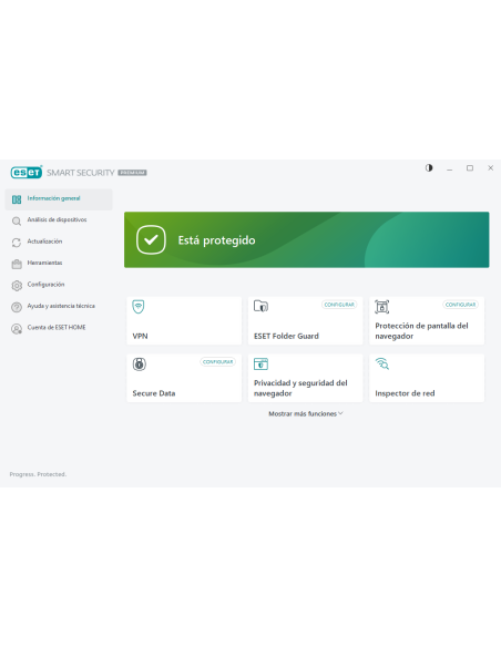 ESET Smart Security Premium: panel con VPN, Folder Guard, Secure Data e Inspector de red