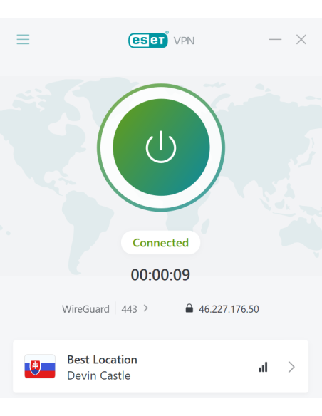 Aplicación ESET VPN conectada, con ubicación y protocolo WireGuard