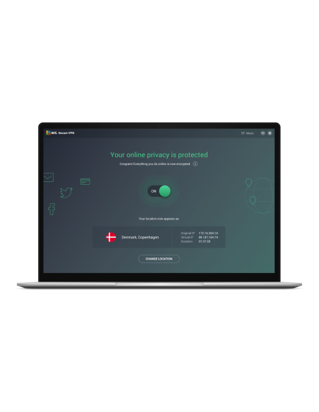 AVG Secure VPN en Windows con la conexión activa y la ubicación elegida