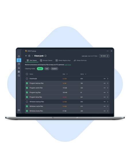 AVG TuneUp: Clean junk con limpieza de disco, navegador, claves de registro y accesos directos rotos