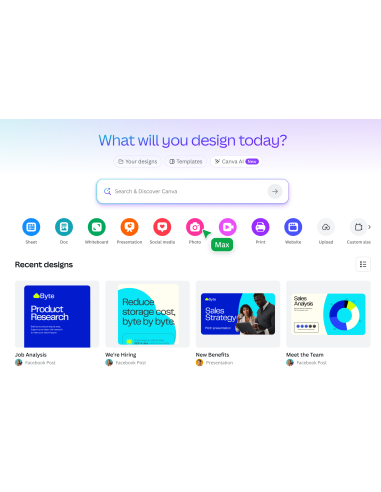 Pantalla de inicio de Canva con búsqueda, tipos de diseño y diseños recientes