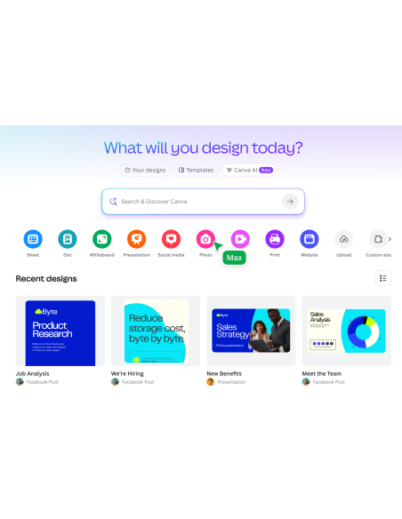 Pantalla de inicio de Canva con búsqueda, tipos de diseño y diseños recientes