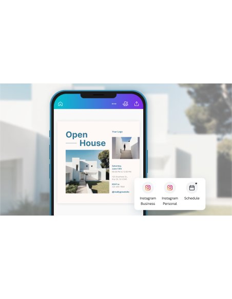 Editor de Canva en el móvil con una plantilla de cartel y opciones de publicar en Instagram o programar