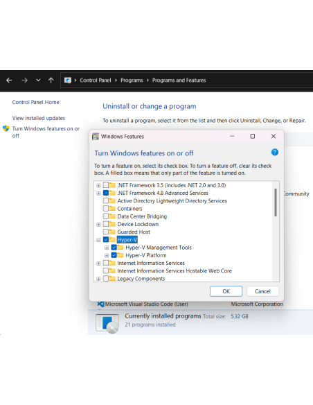 Cuadro Activar o desactivar las características de Windows con Hyper-V marcado