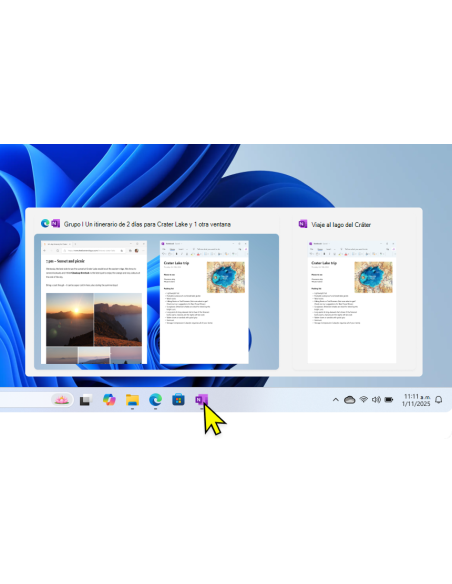 Grupo de ajuste con Edge y OneNote al pasar el puntero por la barra de tareas de Windows 11