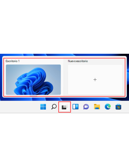 Vista de tareas de Windows 11 con Escritorio 1 y el botón Nuevo escritorio