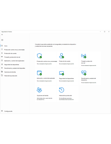 Aplicación Seguridad de Windows con protección contra virus, firewall y estado del dispositivo