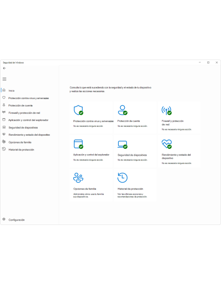 Aplicación Seguridad de Windows con protección contra virus, firewall y estado del dispositivo