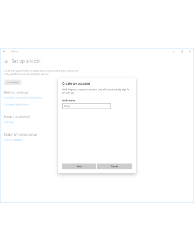 Asistente de Configuración de Windows 10 para crear un quiosco con una cuenta local y una sola aplicación