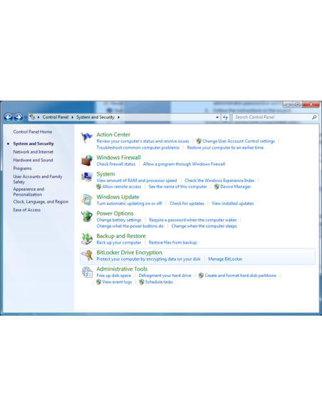 Panel de control de Windows 7, Sistema y seguridad, con la opción Cifrado de unidad BitLocker