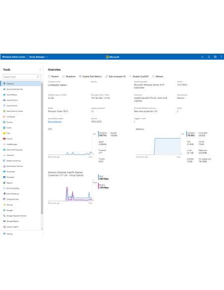Windows Admin Center: panel de resumen de un servidor Windows Server 2019 con CPU, memoria y red