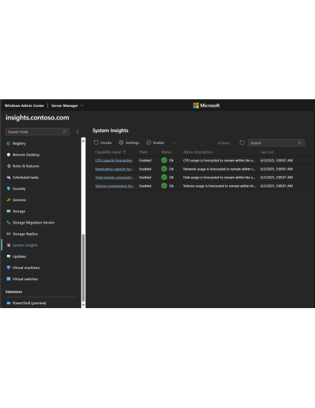 System Insights en Windows Admin Center: previsión de CPU, red y almacenamiento con estado correcto