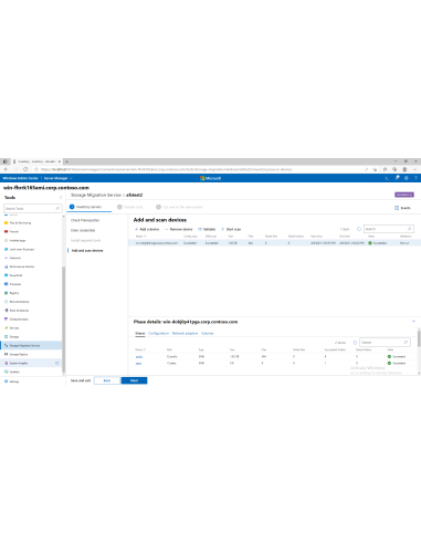 Windows Server 2019: Servicio de migración de almacenamiento: paso Inventario con búsqueda de dispositivos y recursos compart